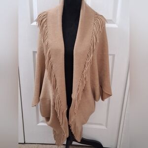Tan Fringe Shawl Collar Open Cardigan   Size OS
